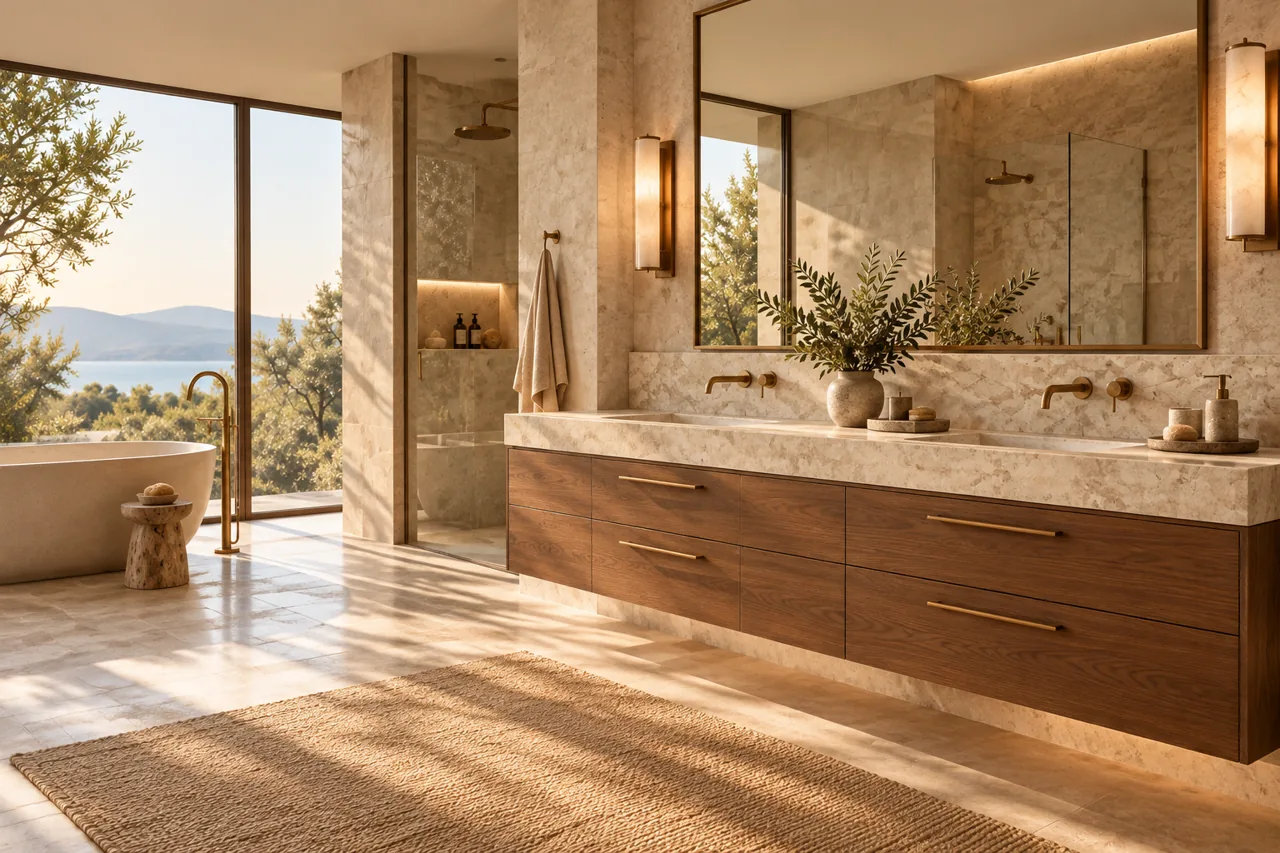 Floating walnut double vanity with stone countertop