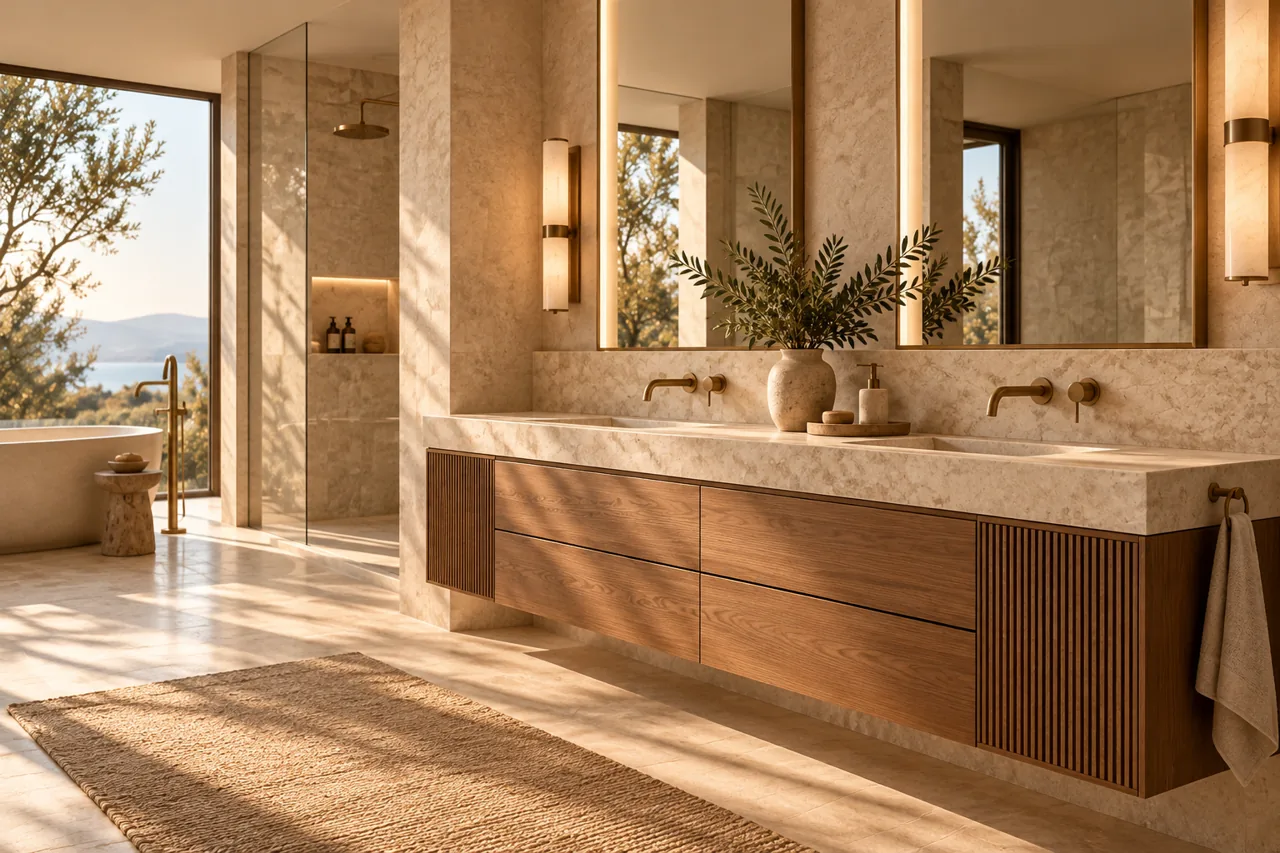 Custom vanity with brass fittings and warm lighting