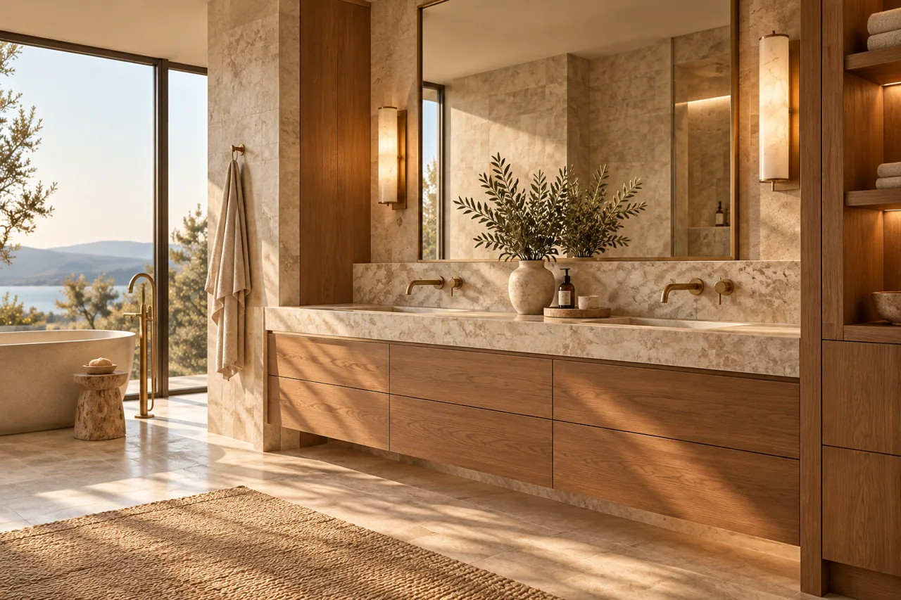 Spa bathroom with walnut cabinetry and double basin