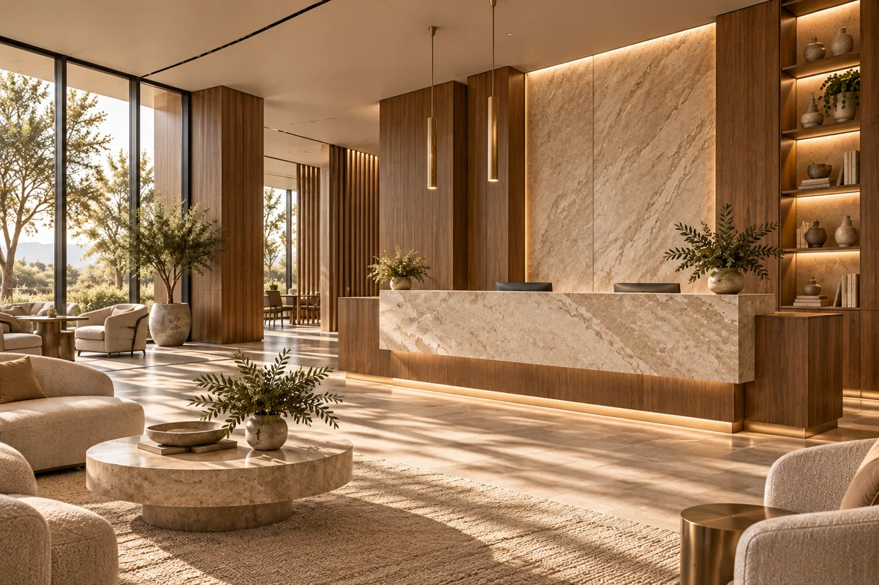 Commercial reception desk with stone and walnut finishes