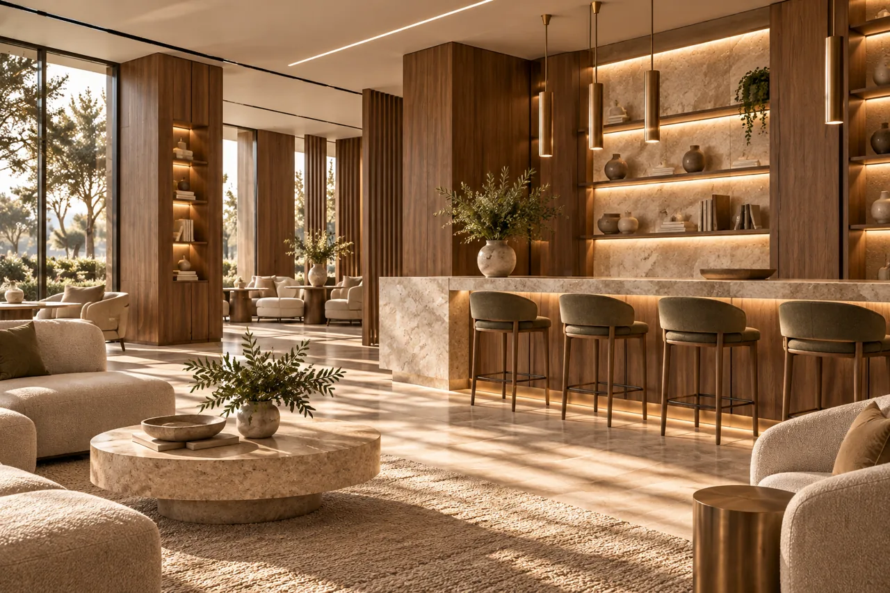 Hospitality bar with custom cabinetry and illuminated shelving