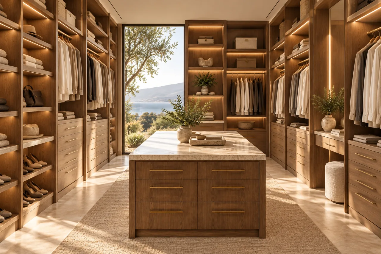 Walnut walk-in closet with illuminated shelving