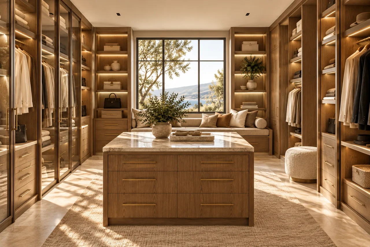 Walk-in wardrobe with central storage island