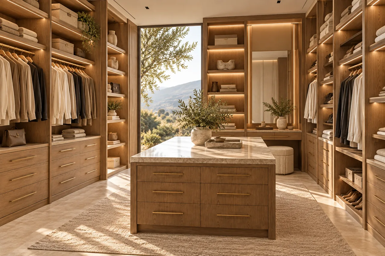 Custom closet with drawers and open hanging storage