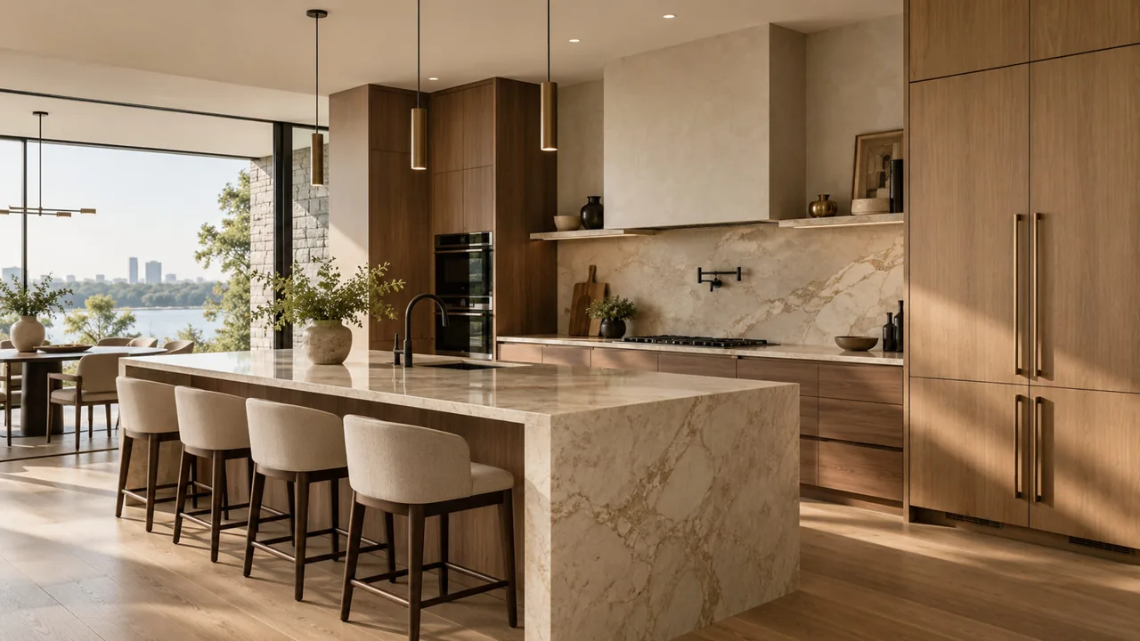 Kitchen island with stone waterfall countertop