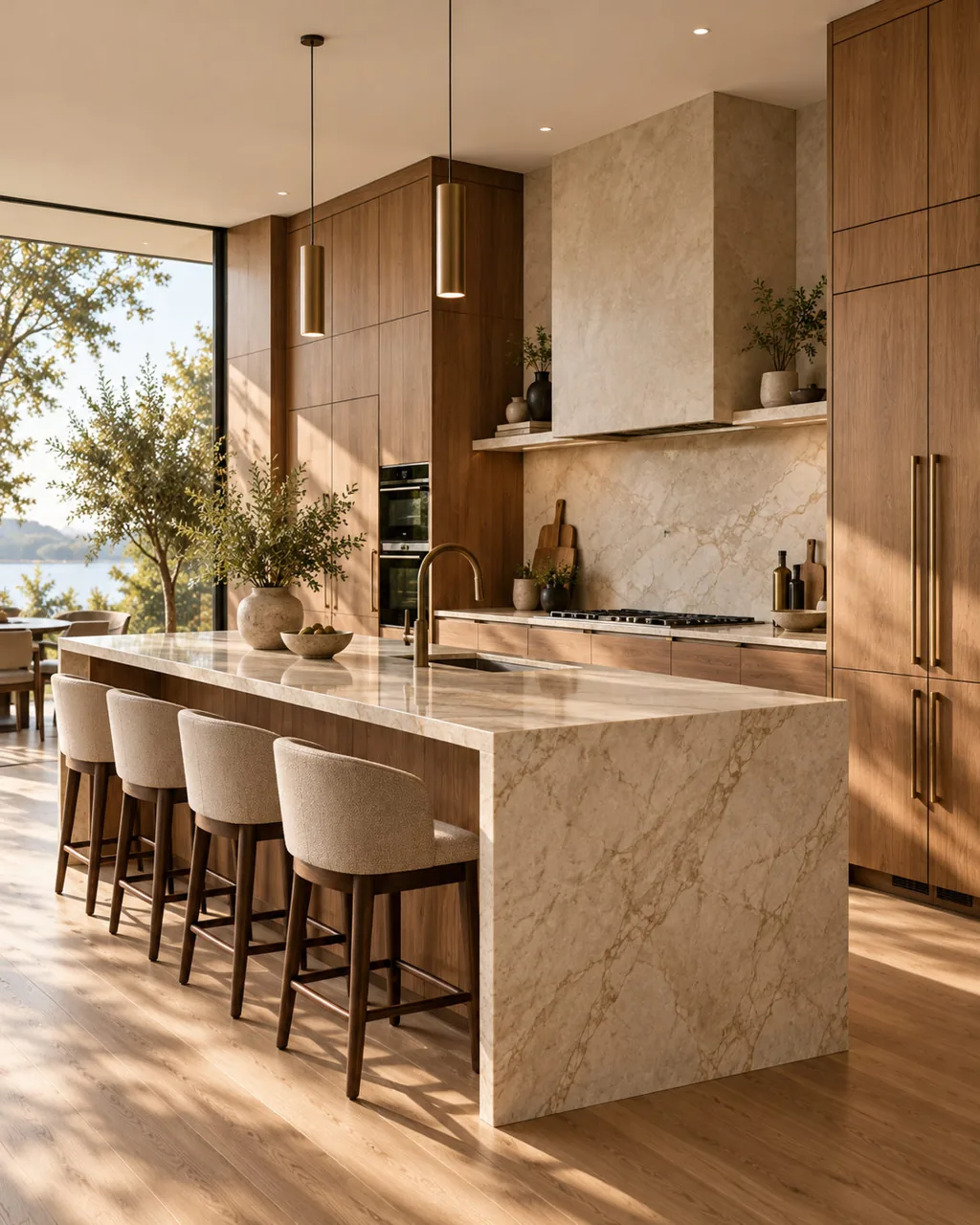 Warm wood kitchen cabinetry and island
