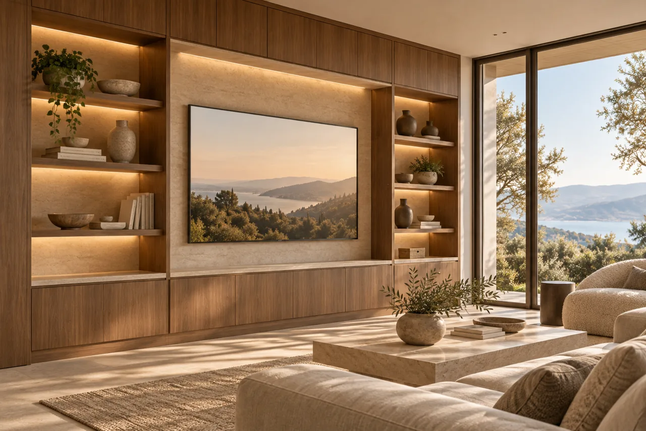 Walnut media wall with illuminated display shelves