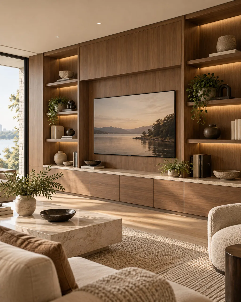 Built-in wall storage with warm wood finishes